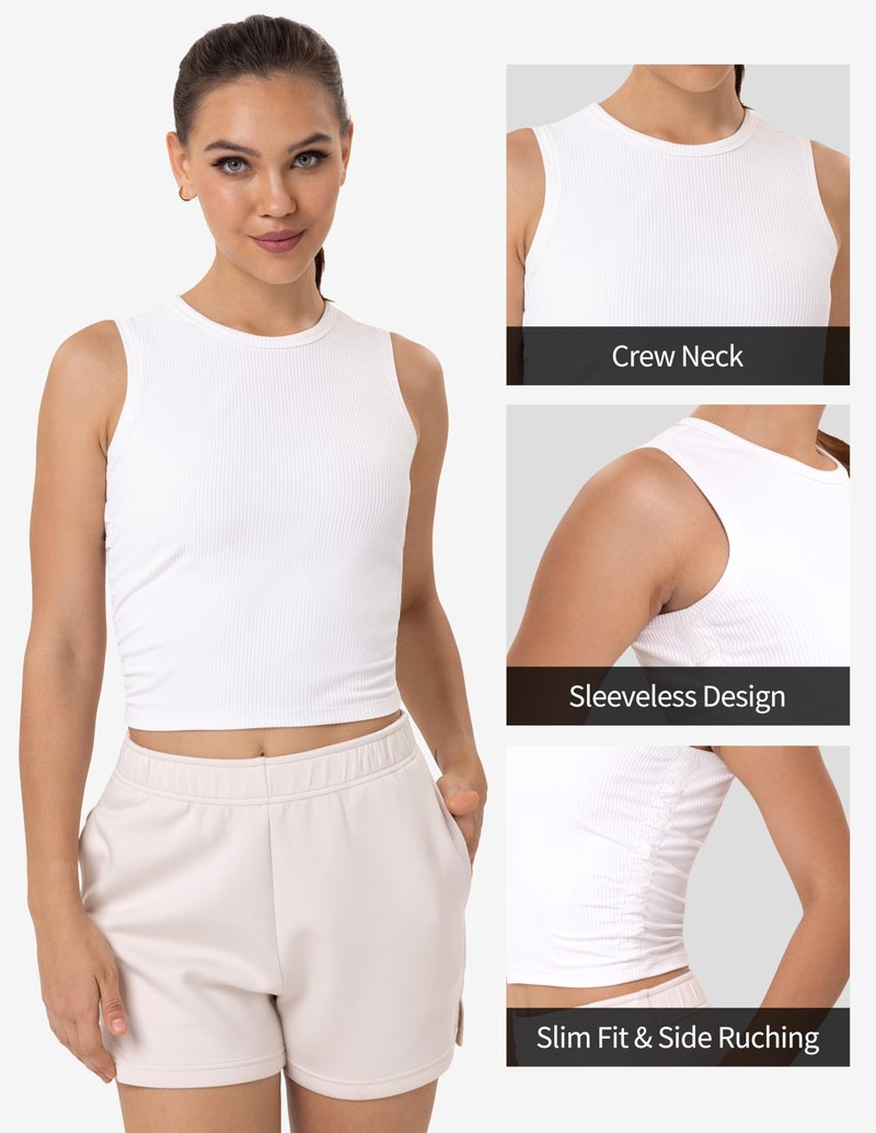 YUNOGA Workout Tank Tops for Women Sleeveless Ribbed Crop Tops Essentials Crew Neck Yoga Tanks Shirts (XS, White)