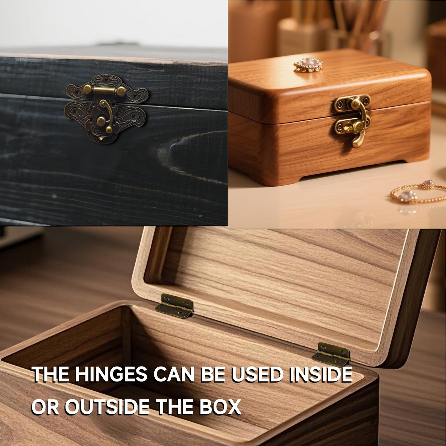 EAEDMY 18 Sets Retro Jewelry Box Hinges, Latches and Hooks for Wooden Boxes - Antique Cabinet Furniture Hardware, Small Bronze Brass Latch Hing - Bronze Tone(Catch*6 + Hinges*12) (18)