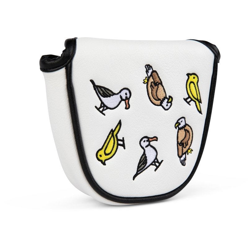 e9 golf Fore the Birds Round Mallet Putter Cover - Synthetic Leather Golf Mallet Putter Headcover - Men & Women Golf Mallet Putter Covers Accessories - Universal Fit Putter Cover - (White)
