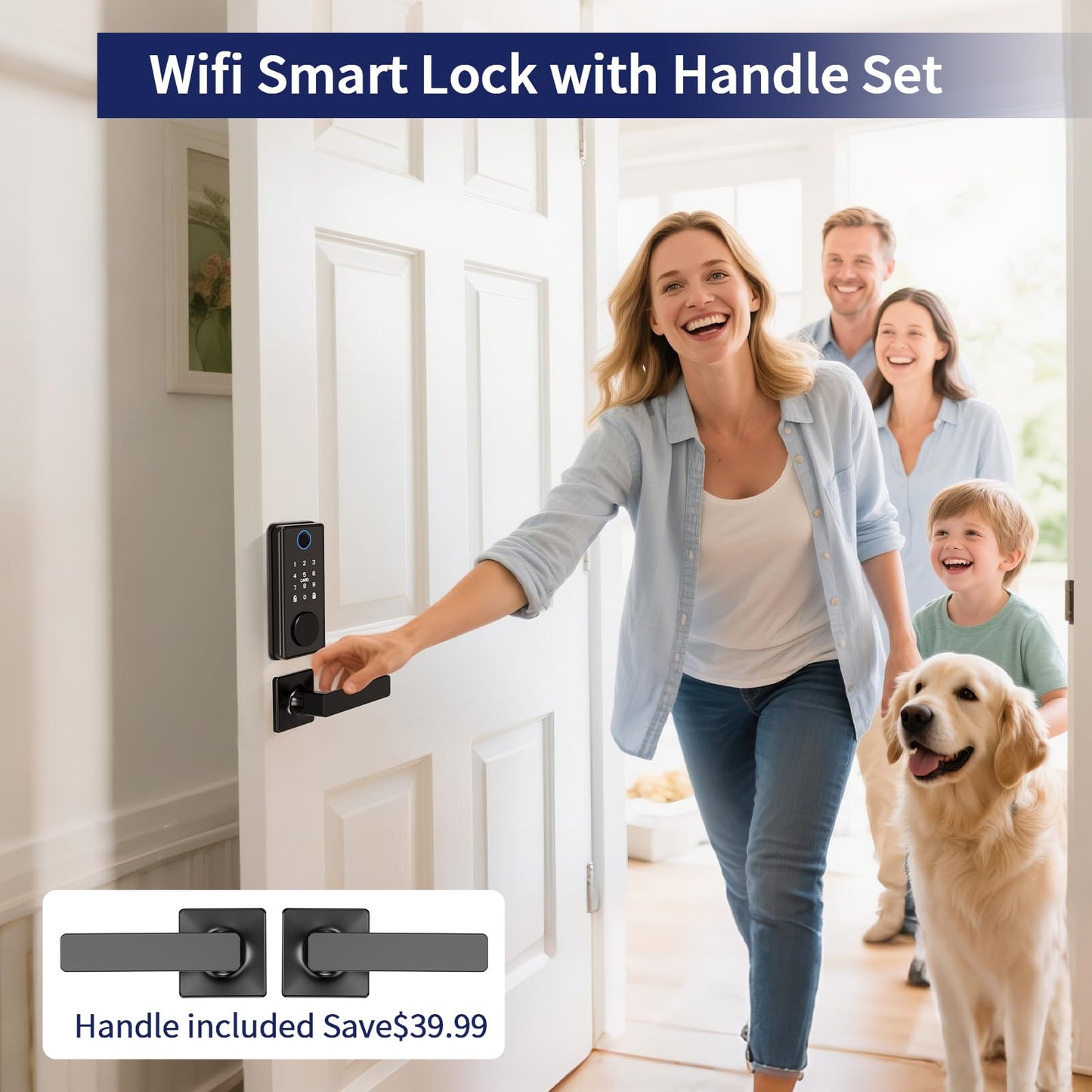 WiFi Fingerprint Smart Lock for Front Door - Keyless Entry Door Lock with Handle Set | No Bridge Required Electronic Digital Keypad Deadbolt with APP Control,Auto-Lock,USB-C Charging Port