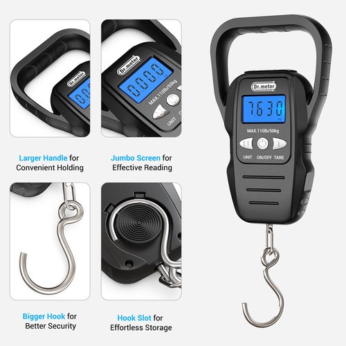 Dr.meter Fish Scale - Upgraded Digital Scale with Backlit LCD & Measuring Tape | 110lb/50kg Capacity, Large Handle