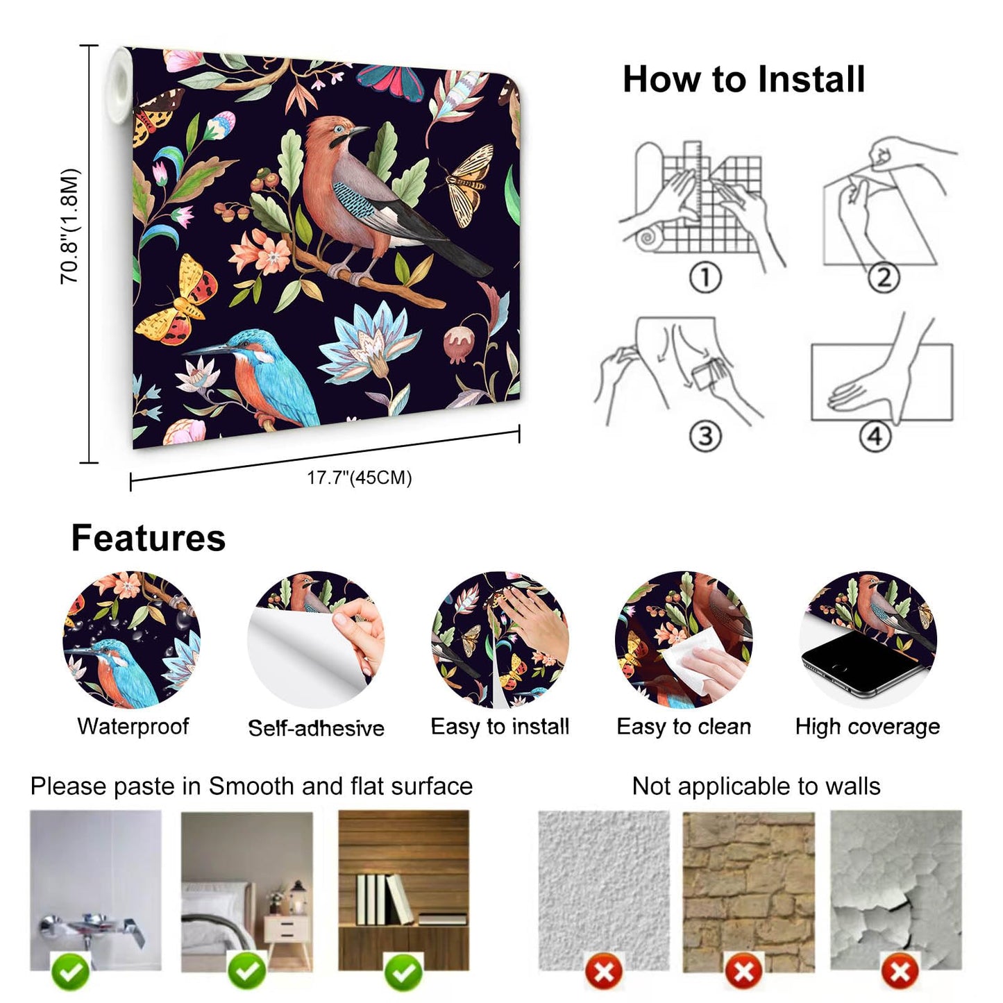 Wookmmy Vintage Black Floral Bird Peel and Stick Wallpaper Dark Botanical Design with Butterfly Removable Self Adhesive Vinyl Contact Paper for Cabinets Bathroom Wallpaper 17.7" x 70.8"