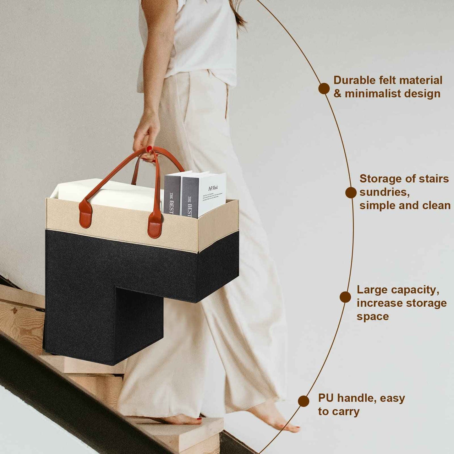 Shappy Stair Baskets with Handles and Support Panel 16 Inch Felt Step Basket for Stairs for Carpeted and Wooden Collapsible Staircase Basket for Office Home Decor