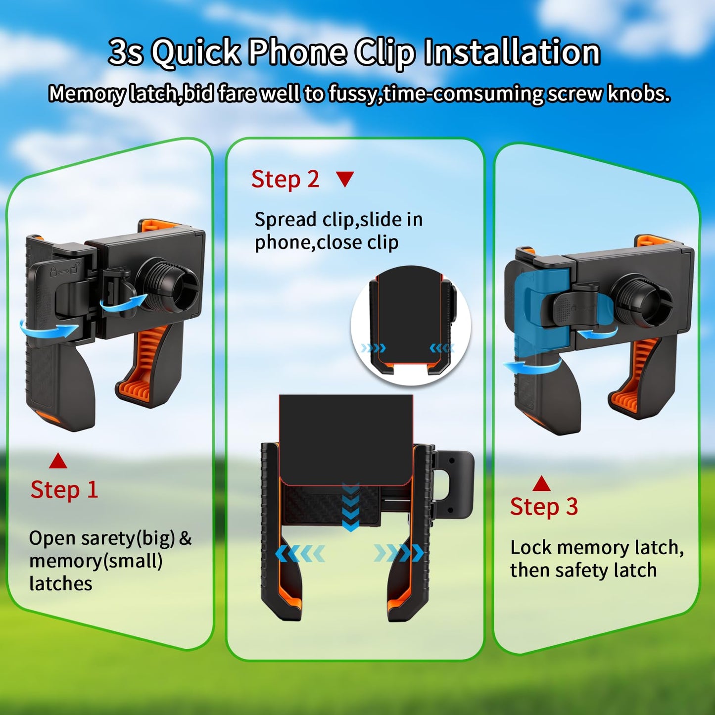Loxnzify Golf Cart Phone Holder Mount-360° Rotation,Ultra-Stable Grip for All Phones, No Metal Needed,Includes Sunglasses Holder for Golf Cart,Perfect for Outdoor Sports (Black＆Orang)
