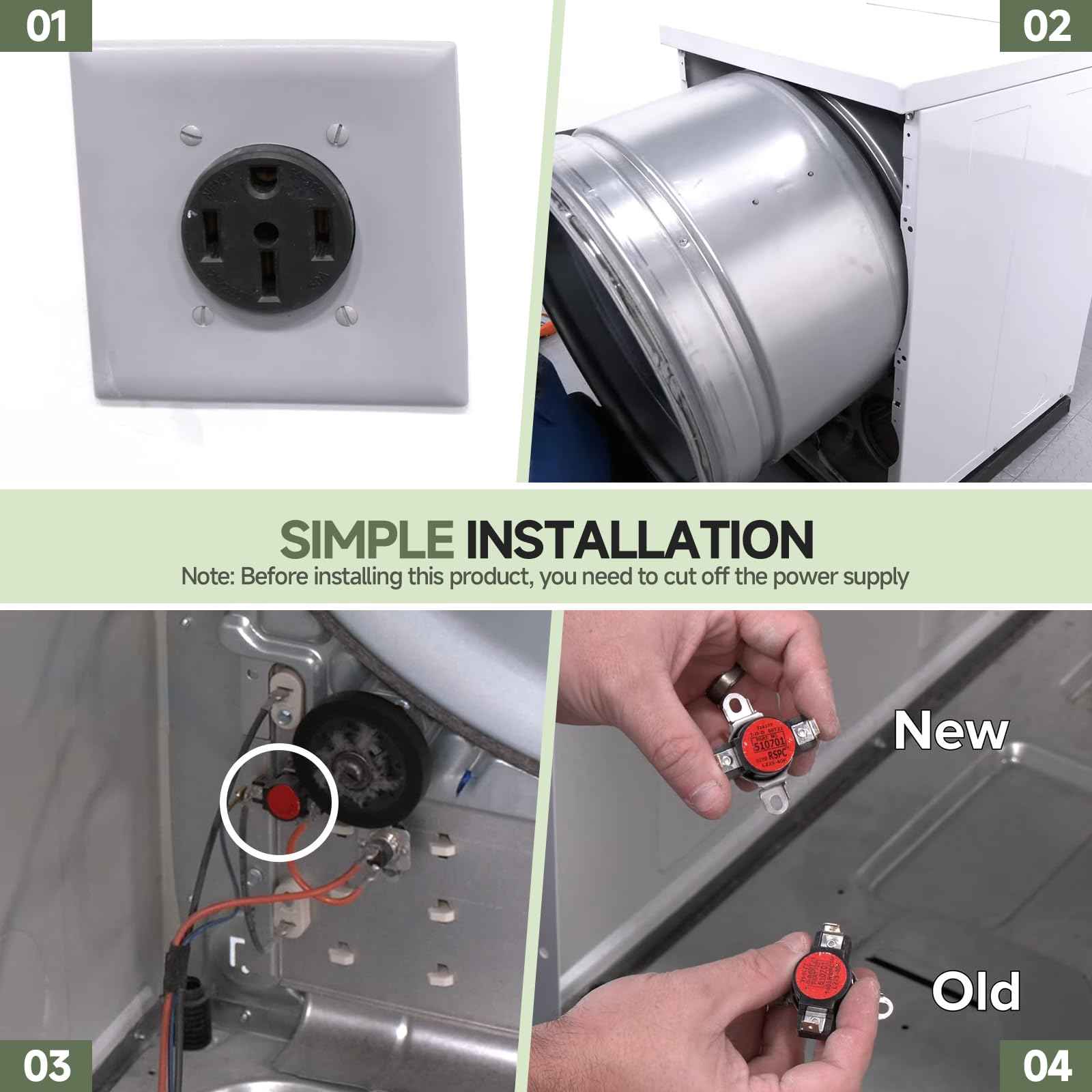 D510701 Dryer High Limit Thermostat, suitable for Speed Queen, Alliance, Amana, and Other Brands, Replaces AP6285126, 510701, 61210, 62461, 62641, PS17001072, 504537-OEM Replacement Part, L225-40F