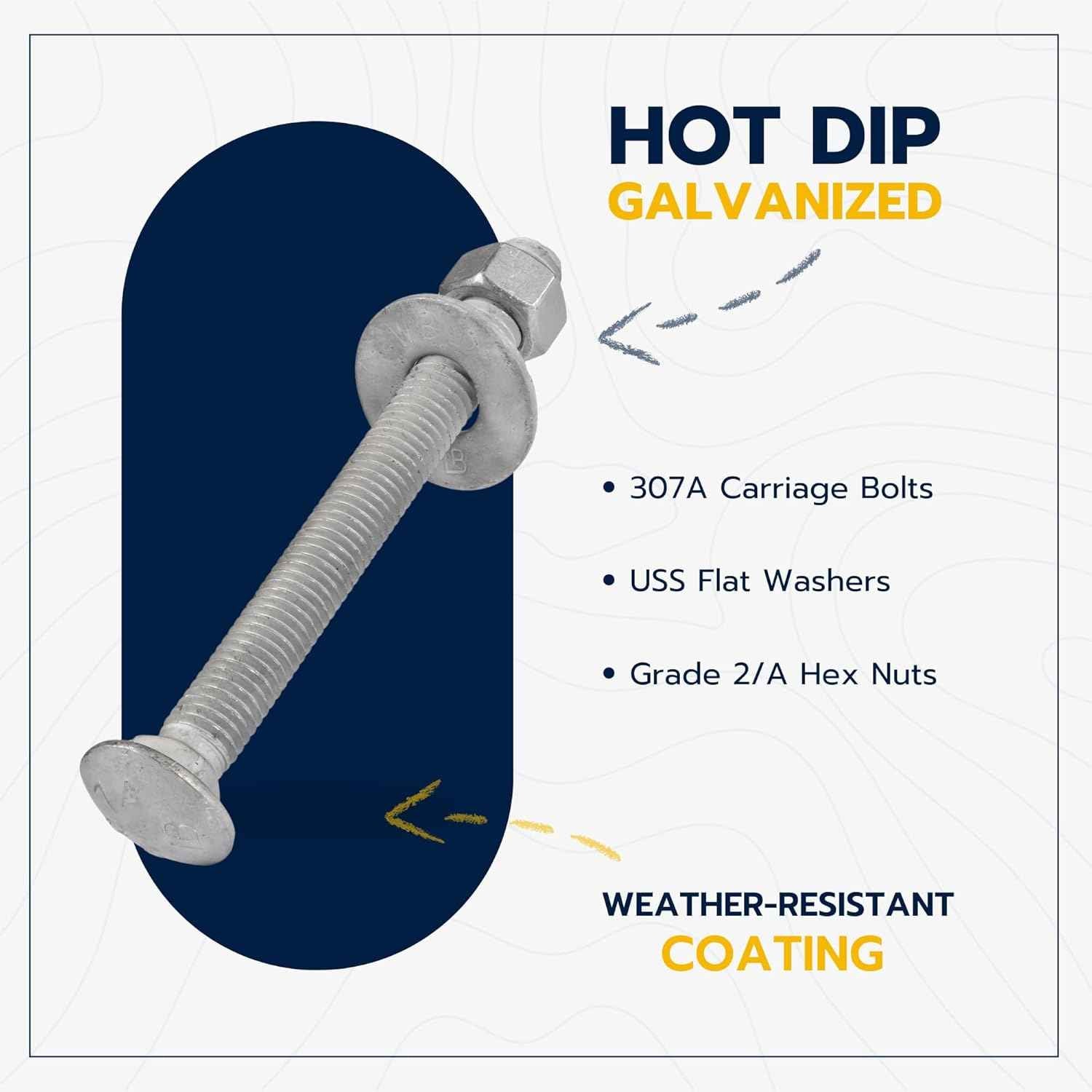 Galvanized Carriage Bolt Kit - 25 Pack 1/2" x 6" with Washers & Hex Nuts for Outdoor Use