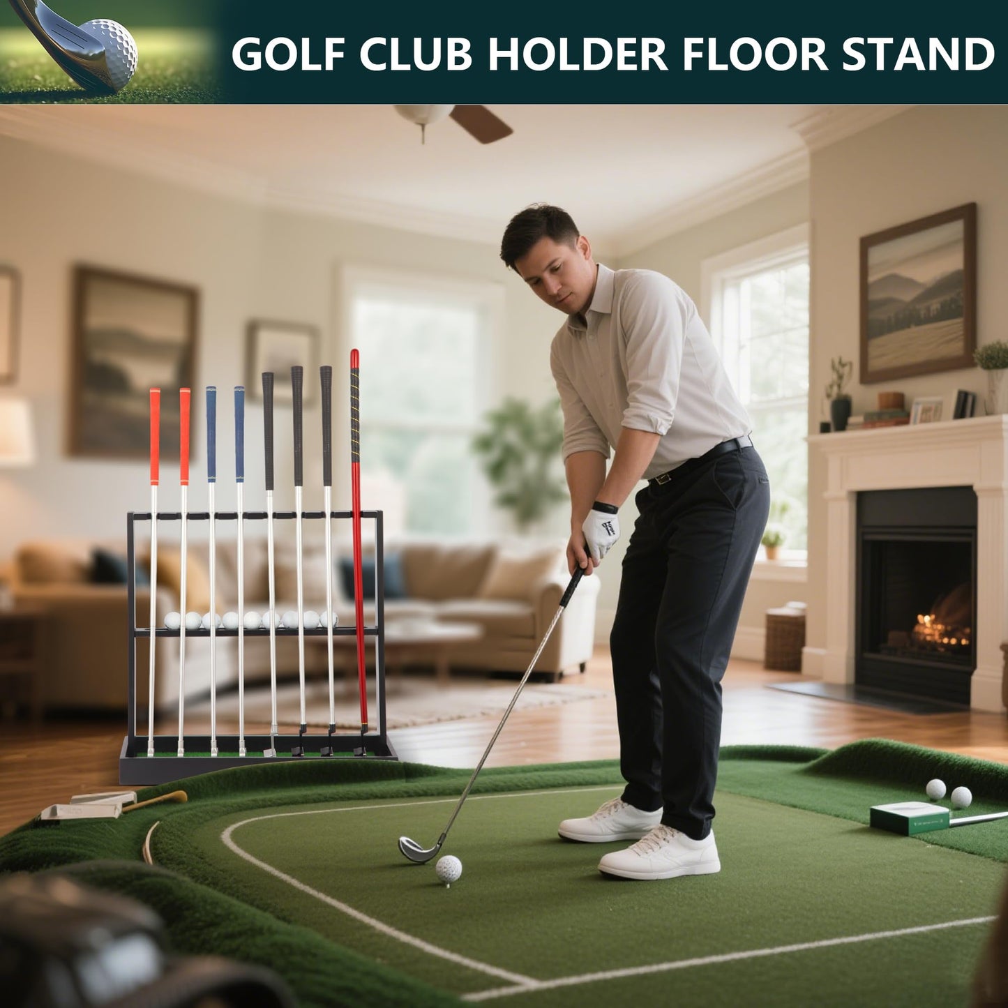 Xnwouco Golf Putter Stand, Golf Club Holder Stand Floor Display Rack - Holds 8 Clubs & 12 Balls with Artificial Grass Base, Wood Outdoor Golf Club Organizer for Indoor, Home, Office, Golf Club, Black