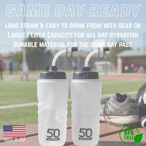 50 Strong 1 Liter Water Bottle | 2-Pack BPA-Free Sports Bottles with Long Straw & Grip - Made in USA