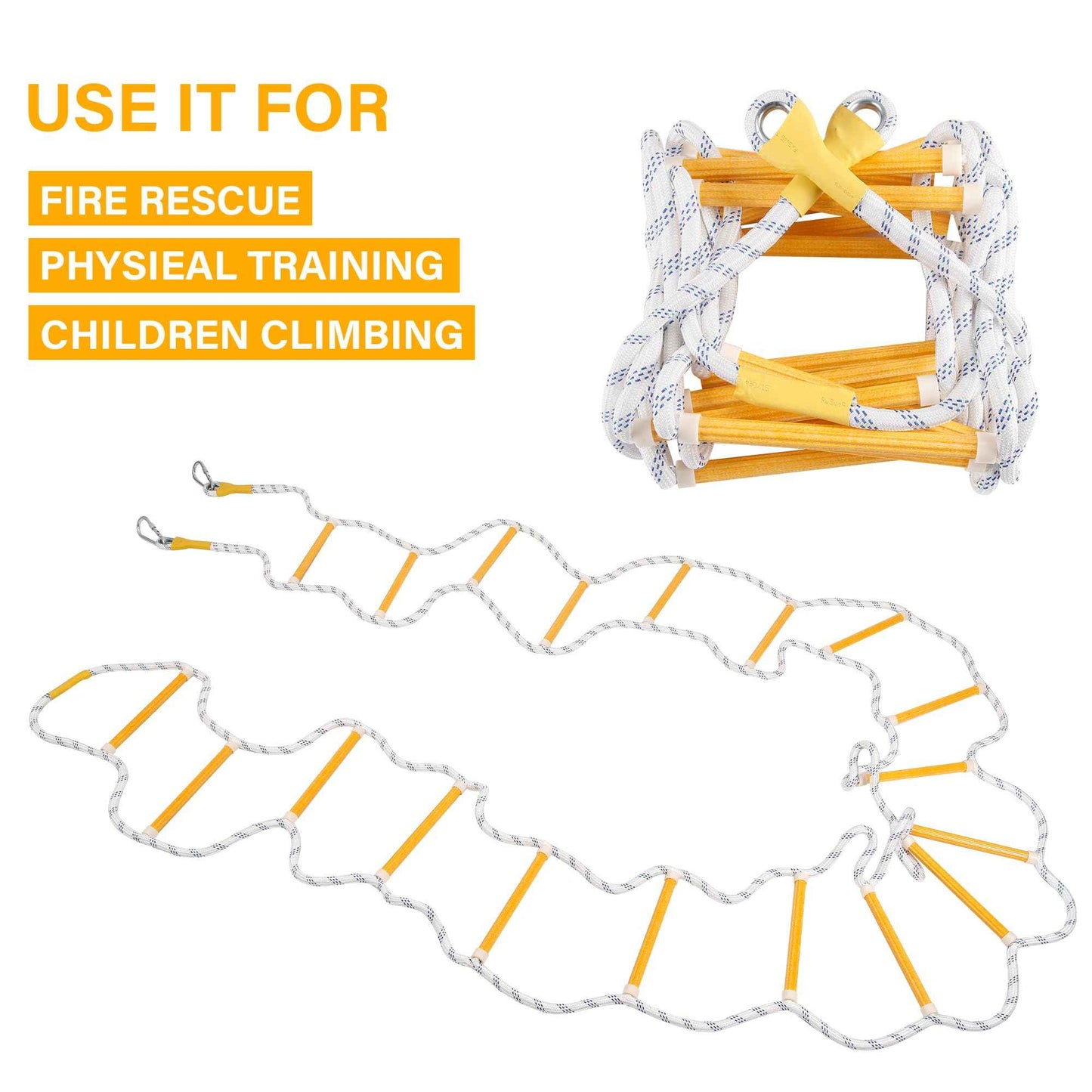 EMEKIAN Emergency Fire Escape Ladder Flame Resistant Safety Extension Rope with 2 Hooks, 2 to 6 Story Homes Reusable Compact Portable External Ladder (7.6 M / 25 FT)