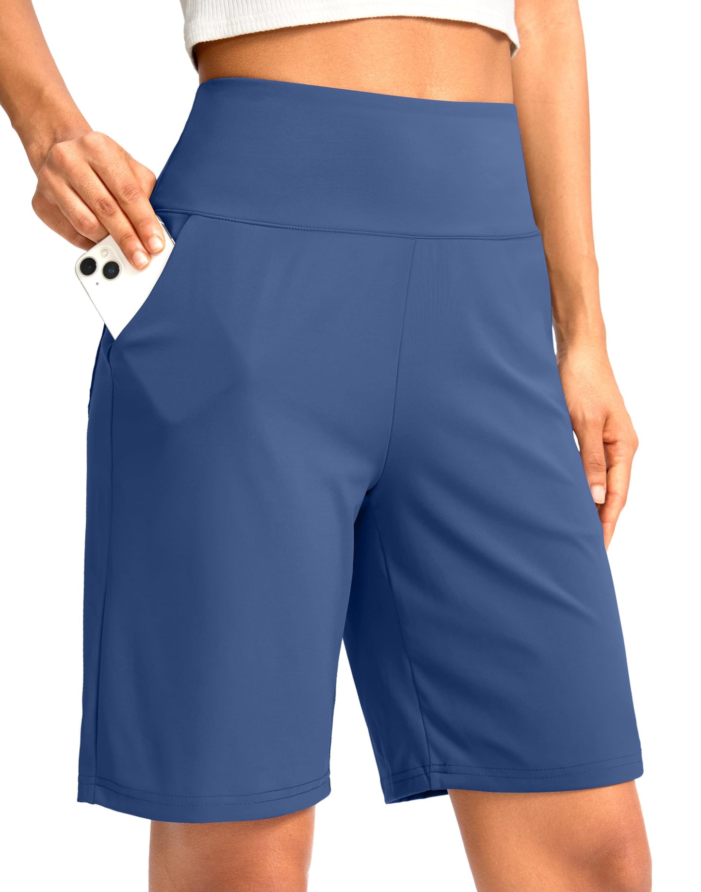 G Gradual Women's Bermuda Long Shorts with Pockets 9" High Waisted Knee Length Shorts for Women Walking Athletic Workout(Blue,3XL)