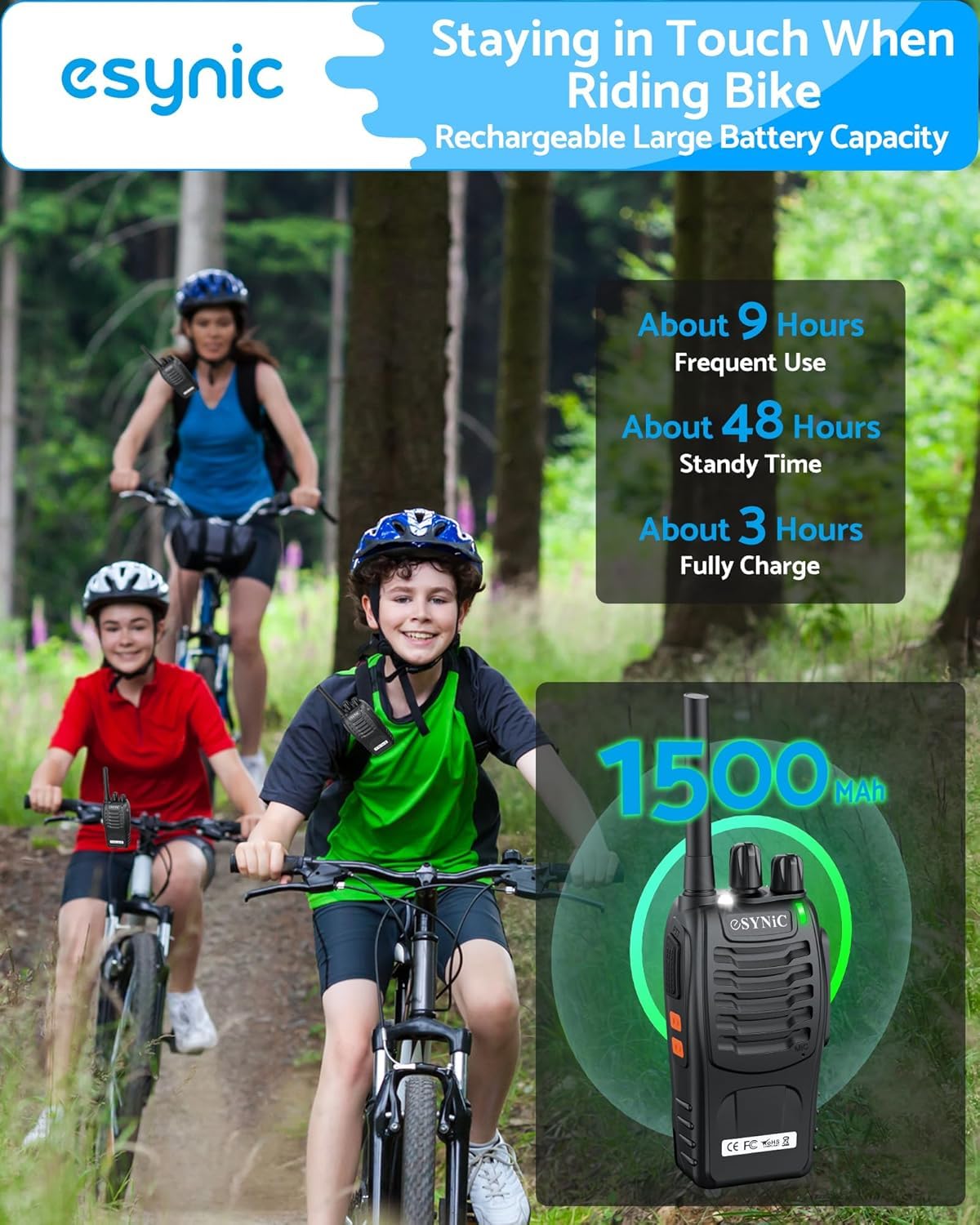 eSynic 6 Pack Long Range 3 Miles Walkie Talkies-FRS462 License-Free-2 Way Radio Rechargeable with 16CH-VOX Hand Free-LED Flashlight-1500mAh Battery – Rainproof for Family Camping Hiking Business