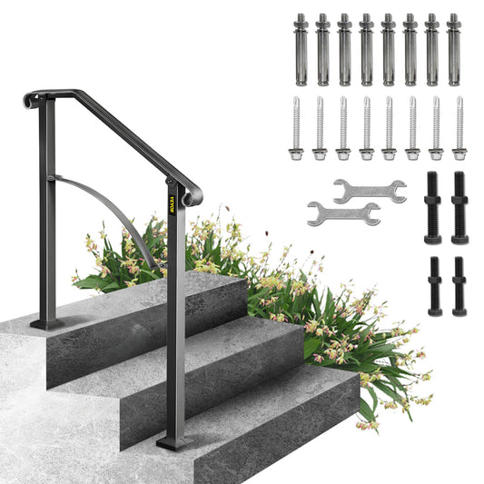VEVOR Handrail for Outdoor Steps, 2-3 Steps Arch#2 Outdoor Handrail, Adjustable Wrought Iron Staircase Handrail, Thickened Stair Railings for Porch Railing, Deck Handrail