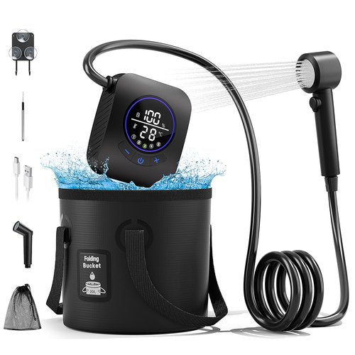Moriko Portable Shower for Camping, 8000mAh Rechargeable Camping Shower Pump, 5 Shower Modes & IPX8 Waterproof, 5 Gallons Foldable Bucket, Outdoor Shower for Hiking, Travel, Car, Pet, Beach, RV, Boat