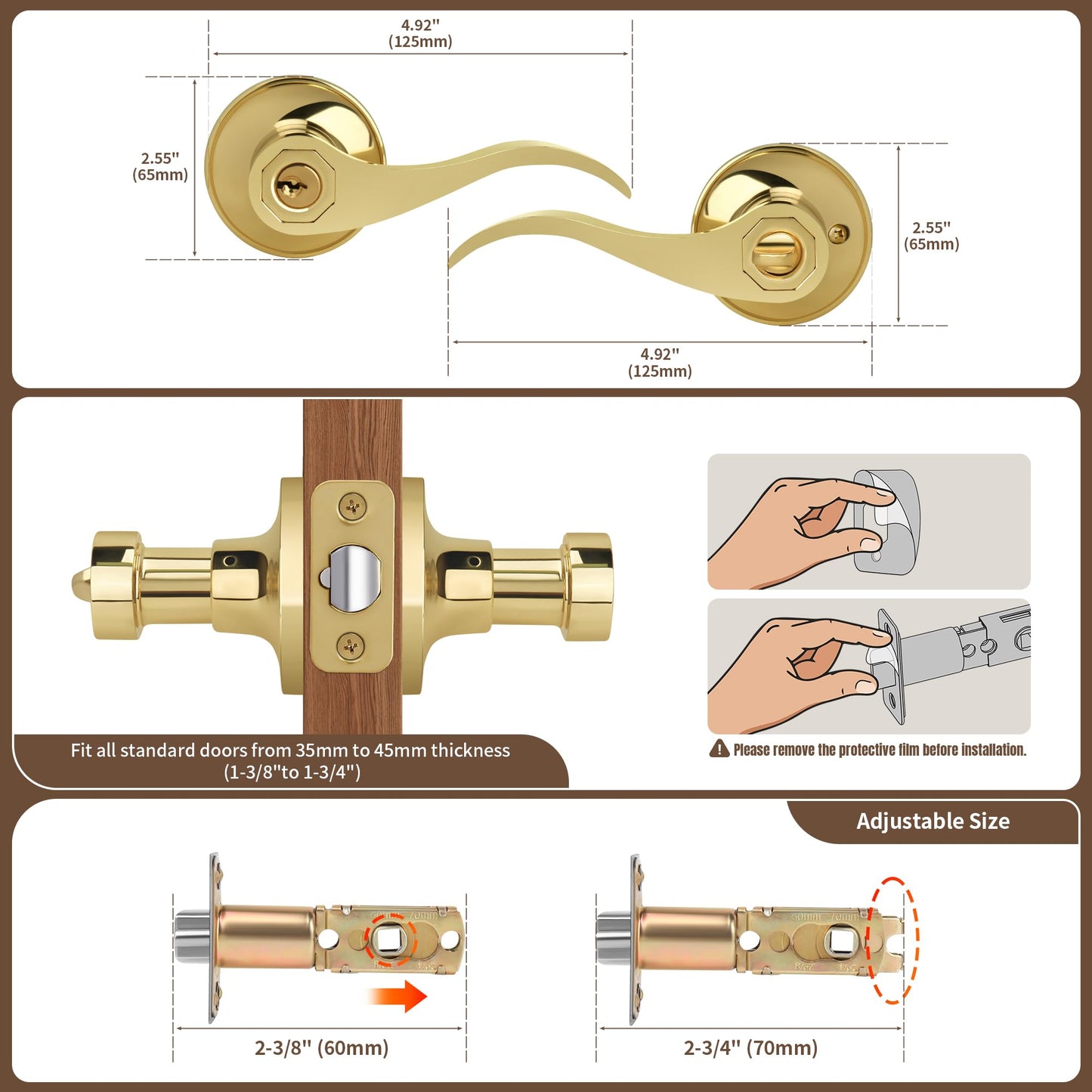 Moquin 5 Pack Wholesale Polished Brass Door Lever, Wave Design Keyed Entry Door Lever with Lock (Keyed-Not-Alike), Reversible Door Handle for Right/Left Side for Front/Entrance Door Lock