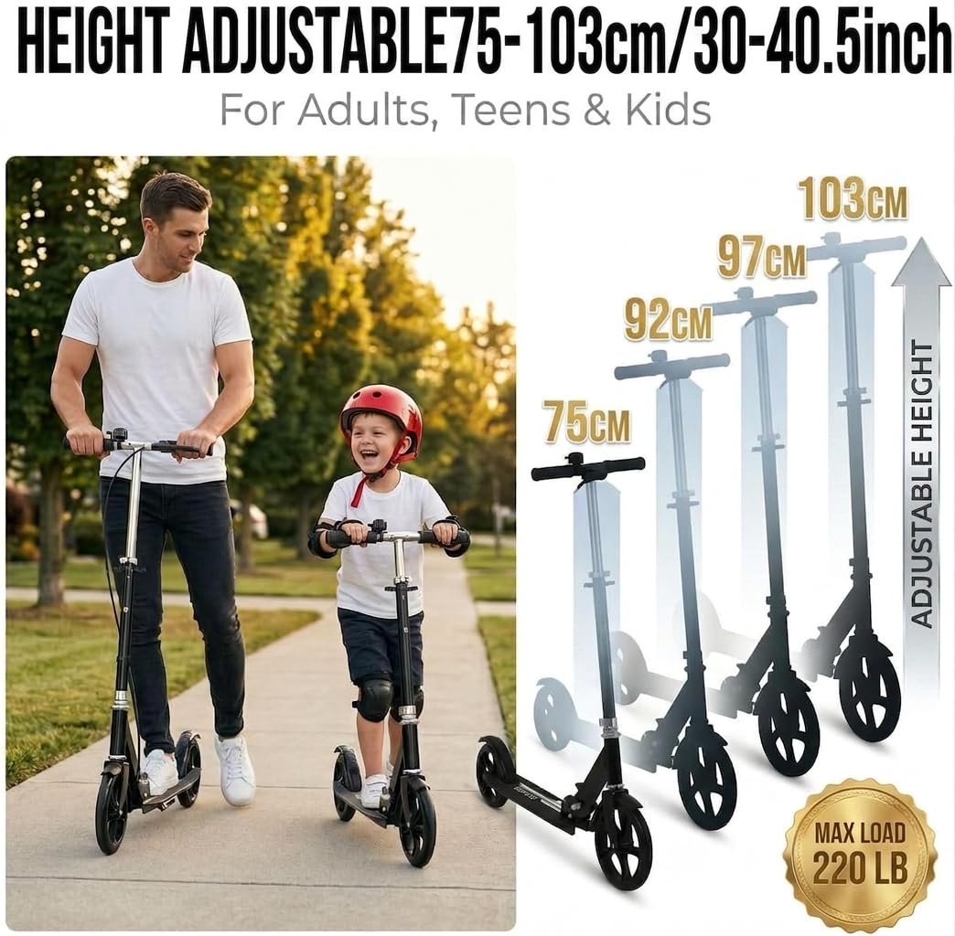 Non-Electric Scooters for Kids 8-12, Teens & Adults - Foldable Commuter Scooter with 8" Wheels, Bell, Hand Brake & Adjustable Height 30"-40.5", 220LB Capacity, Manual Push Scooter for Campus & Park