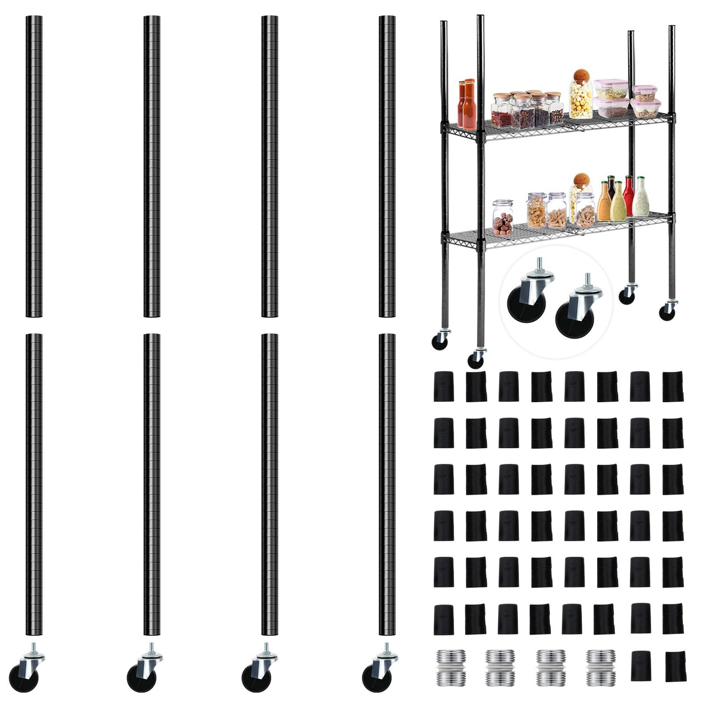 Yaocom Set of 4 Wire Shelving Poles with 50 Pcs Plastic Shelf Clips Chrome Posts with Caster Wheels Parts for 1 Post Rack Accessories Replacement(Black,74 Inch)