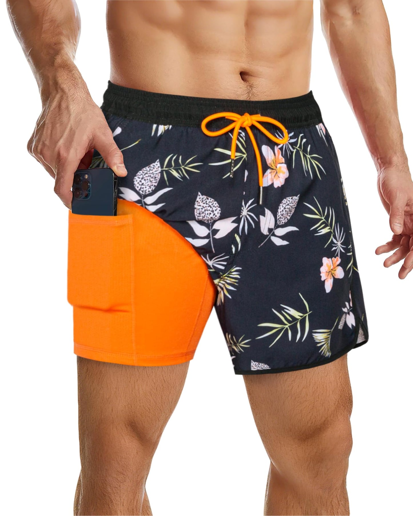 SURF CUZ Mens Swim Trunks with Compression Liner 5" Swimming Trunks 5 Inch Retro Swim Shorts with Zipper Pockets,Daybreak,L