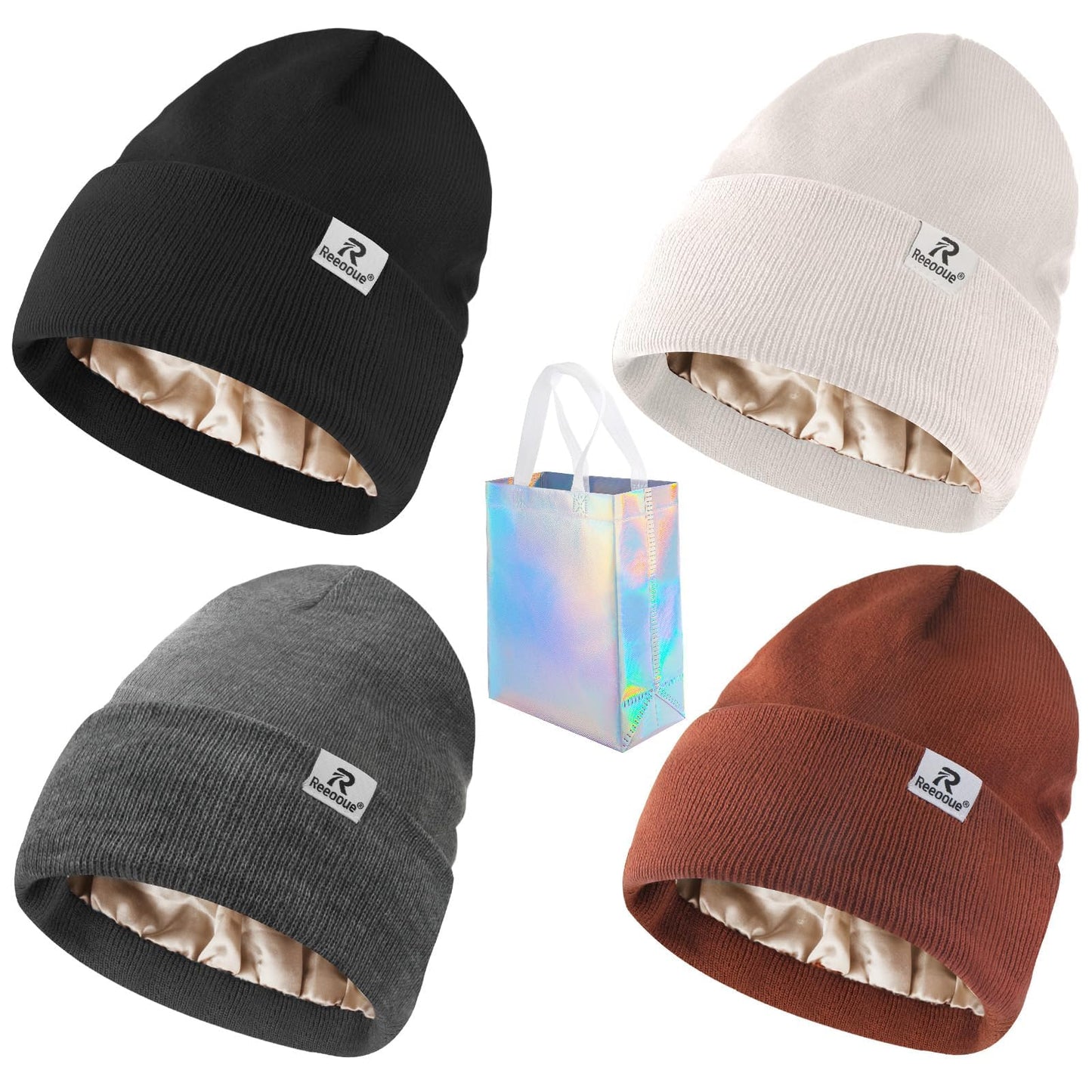 6 Pack Satin Lined Winter Beanie Hats, Silk Lined Beanies Knit Warm Cuffed Soft Hats for Women and Men with a Gift Tote Bag