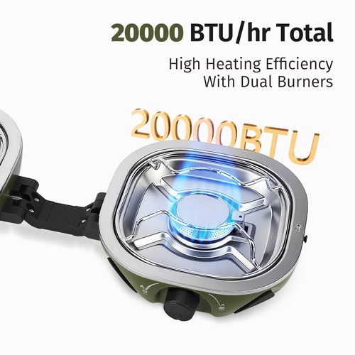 INFOOD Propane Camping Stove 20,000 BTU - Portable 2 Burner Gas Stove with Adjustable Flame Control, Piezo Ignition, Carry Bag & Propane Adapter Hose, Folding Design for Camp, BBQ, Tailgating, Green