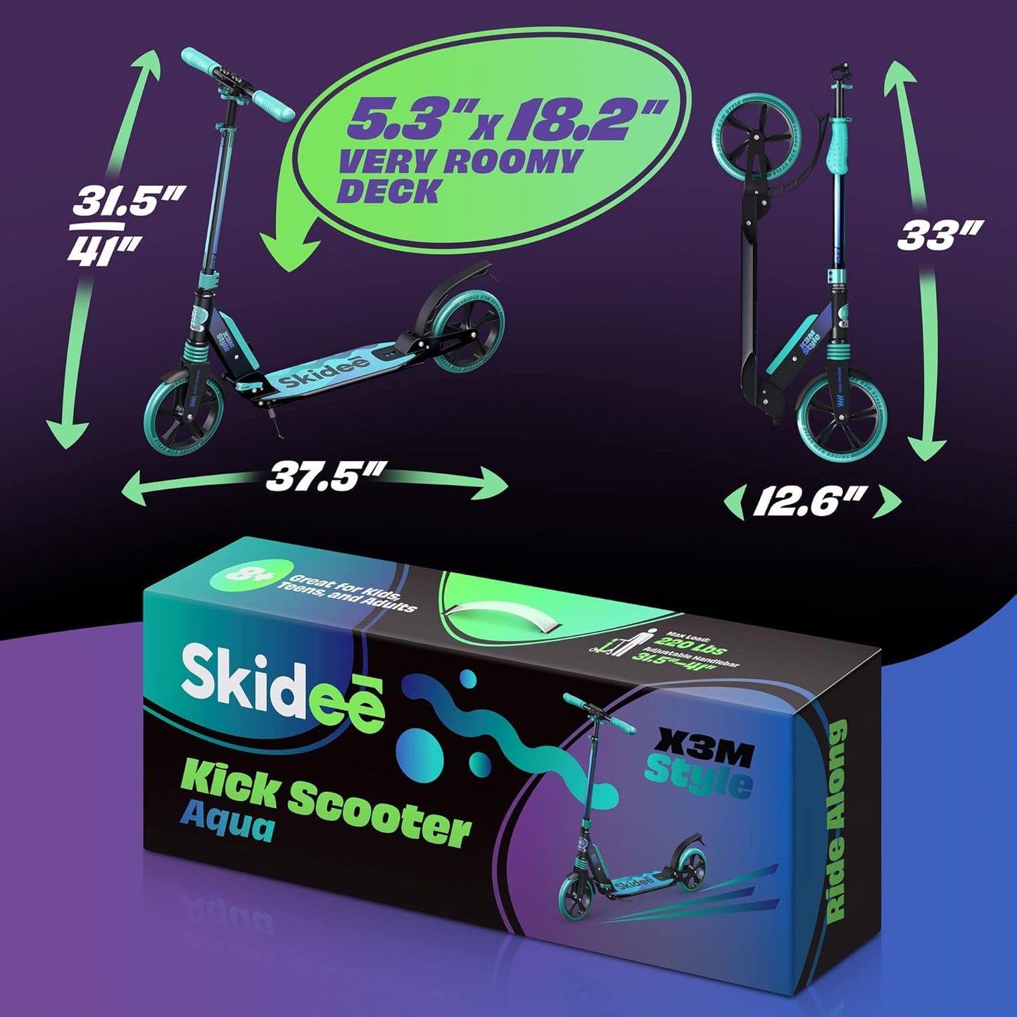 Skidee Adult & Teen Scooter - Adjustable Height, Lightweight & Durable Design | Large Wheels, Anti-Shock Suspension, 220 lbs Capacity