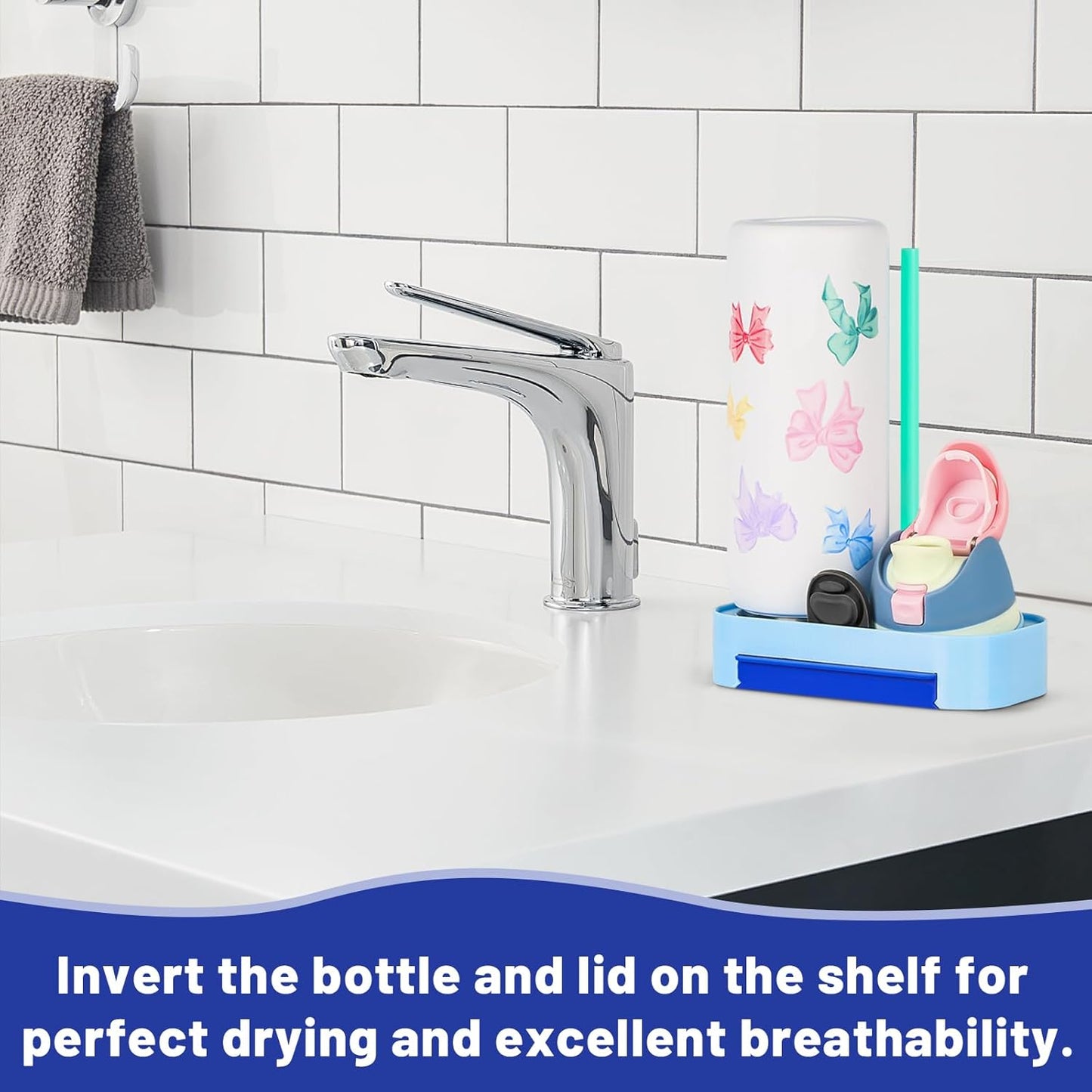 Owala Bottle Drying Rack - Portable Space-Saving Stand with Drain Tray & 4 Cleaning Brushes | Blue