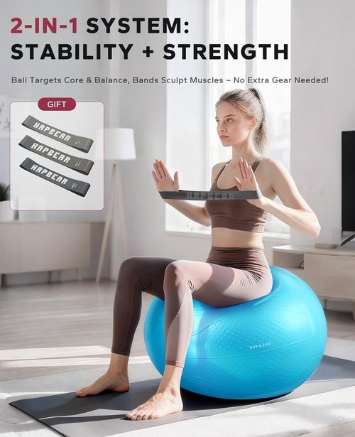 HAPBEAR Exercise Ball - Anti-Burst Slip-Resistant Yoga & Pilates Ball for Core Training | 22''/26''/30'' Sizes, Quick Pump & 3 Resistance Bands Included