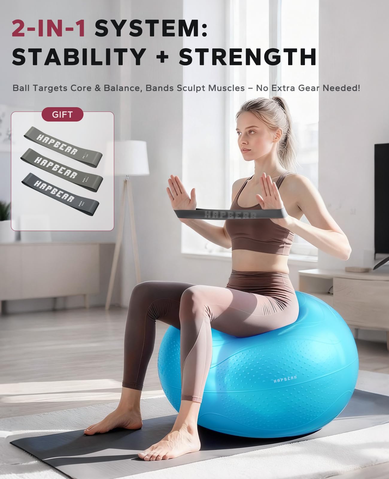 HAPBEAR Exercise Ball - Anti-Burst Slip-Resistant Yoga/Pilates Ball for Core Training & Posture Improvement, Home Gym/Rehab/Pregnancy Ball, Quick Pump & 3 Resistance Bands Included