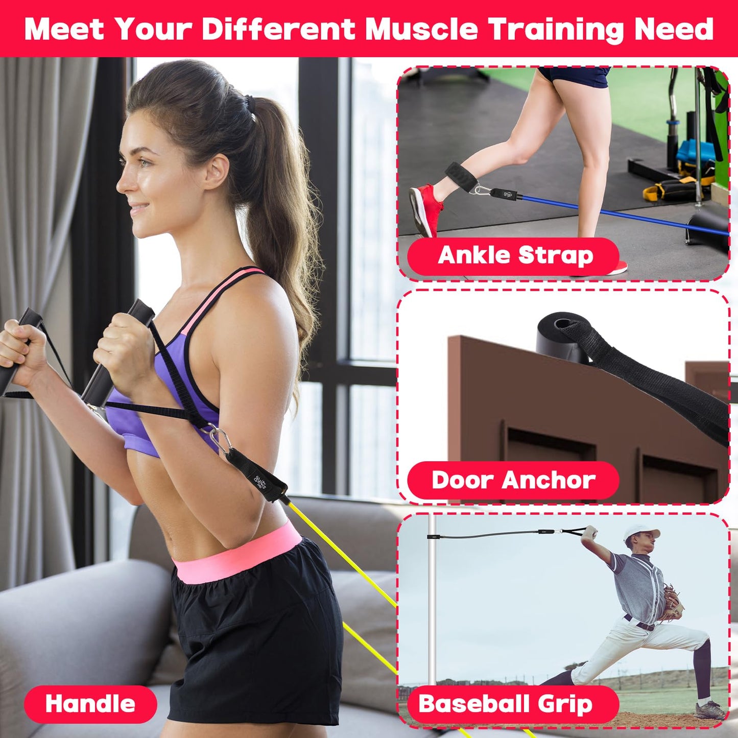 Anglecai Baseball Exercise Bands 150/200/250/300 lbs Strength Training Equipment with Door Anchor and Ankle Straps, Training Aid for Softball