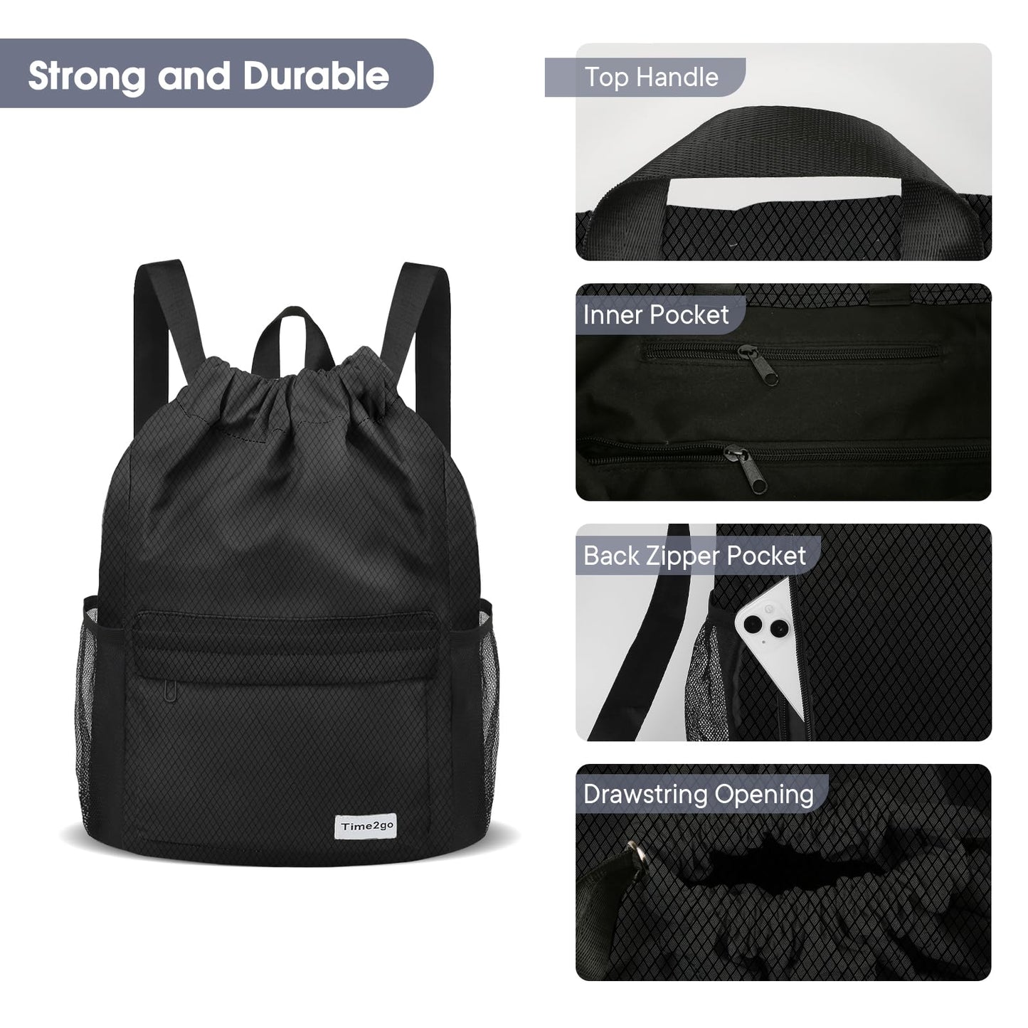 time2go Waterproof Drawstring Backpack Sports Gym Sackpack with Mesh Pockets Water-Resistant String Cinch Beach Bag for Men Women