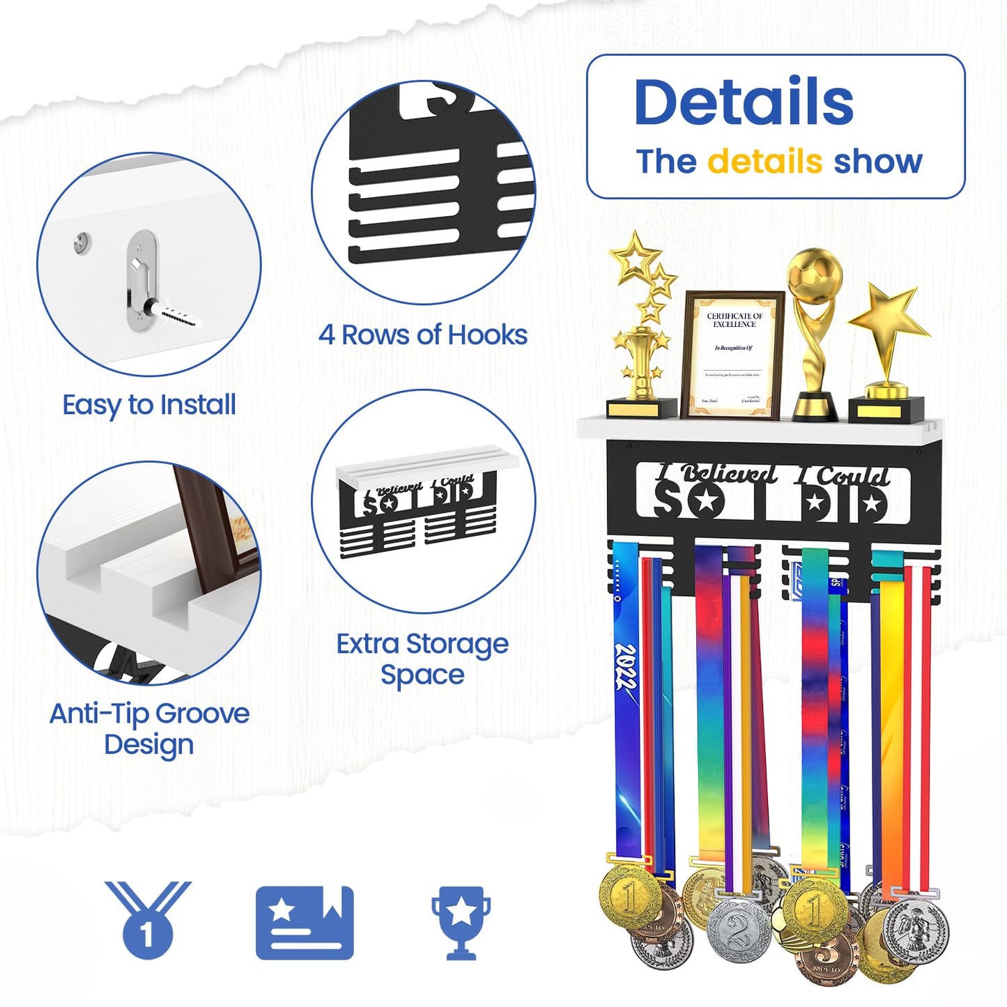 DSVENROLY Medal Hanger Display, Trophy Shelf, 16 Metal Hooks, Black & White