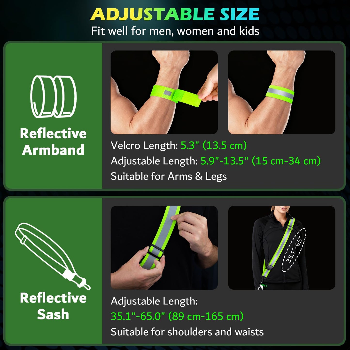 Samlior Reflective Walking Gear at Night, High Visibility Safety Reflective Sash Belt and 2-Pack Armband Set, Night Running Safety Gear for Women Men Kids (Green)