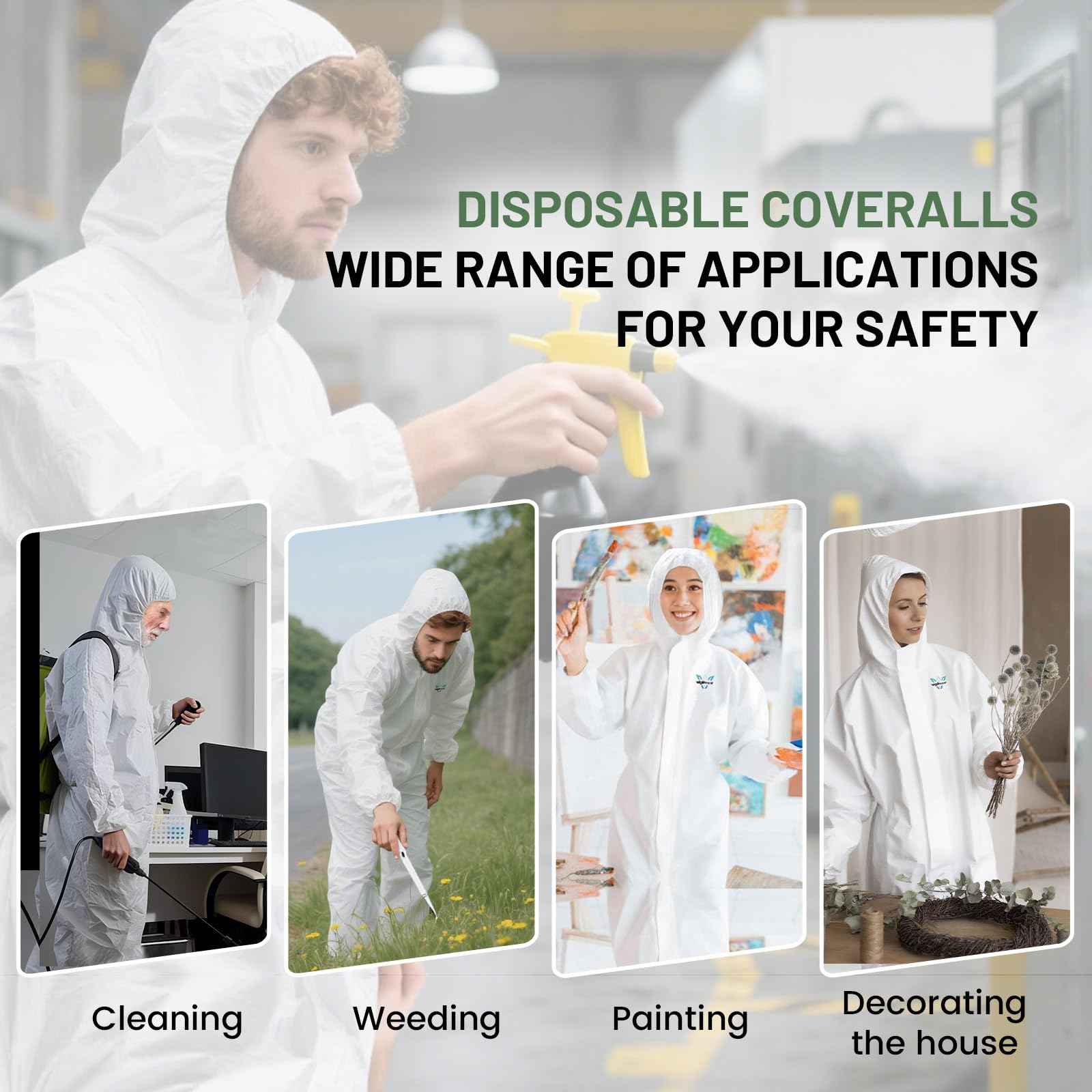 VigiFront Disposable Coveralls Hazmat Suit, Full Body Paint Suits, 7 Size Options, with Elastic Wrists, Ankles and Hood