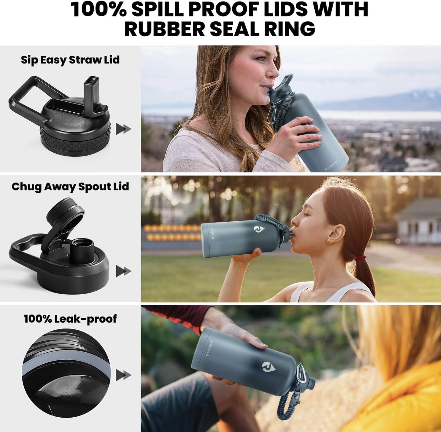 RAYMYLO Insulated Water Bottle - 87 oz Triple Wall Vacuum Stainless Steel | Keeps Drinks Cold for 48 Hrs, Leak Proof, Dark Grey