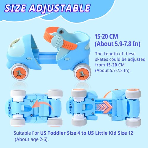 Mpoutik Kids Children's Adjustable Quad Roller Skates Wheels Lock Boys Girls Roller Skate for Beginners Toddlers Baby (Dino Blue)