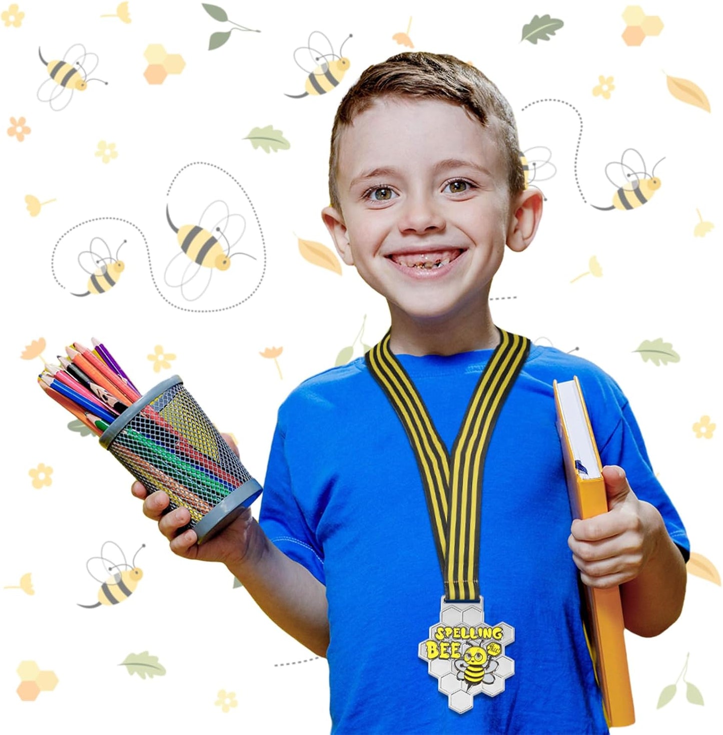 Remuuly Spelling Bee Honeycomb Medals - 1st, 2nd, 3rd Place Awards with Neck Ribbons | 3.2 x 2.8 Inches (Classic)