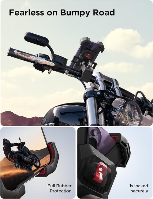 JOYROOM Motorcycle Phone Mount - 1s Auto Lock | 100mph Military Anti-Shake Bike Holder for All Phones