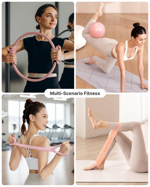 YOTTOY Pilates Ring and Ball Set, Figure 8 Resistance Bands, Stretch Bands&Guide,Pilates Equipment Set for Beginners for Home Workouts Core Strength, Yoga, Physical Therapy & Rehab (Pink, 13.5 Inch)
