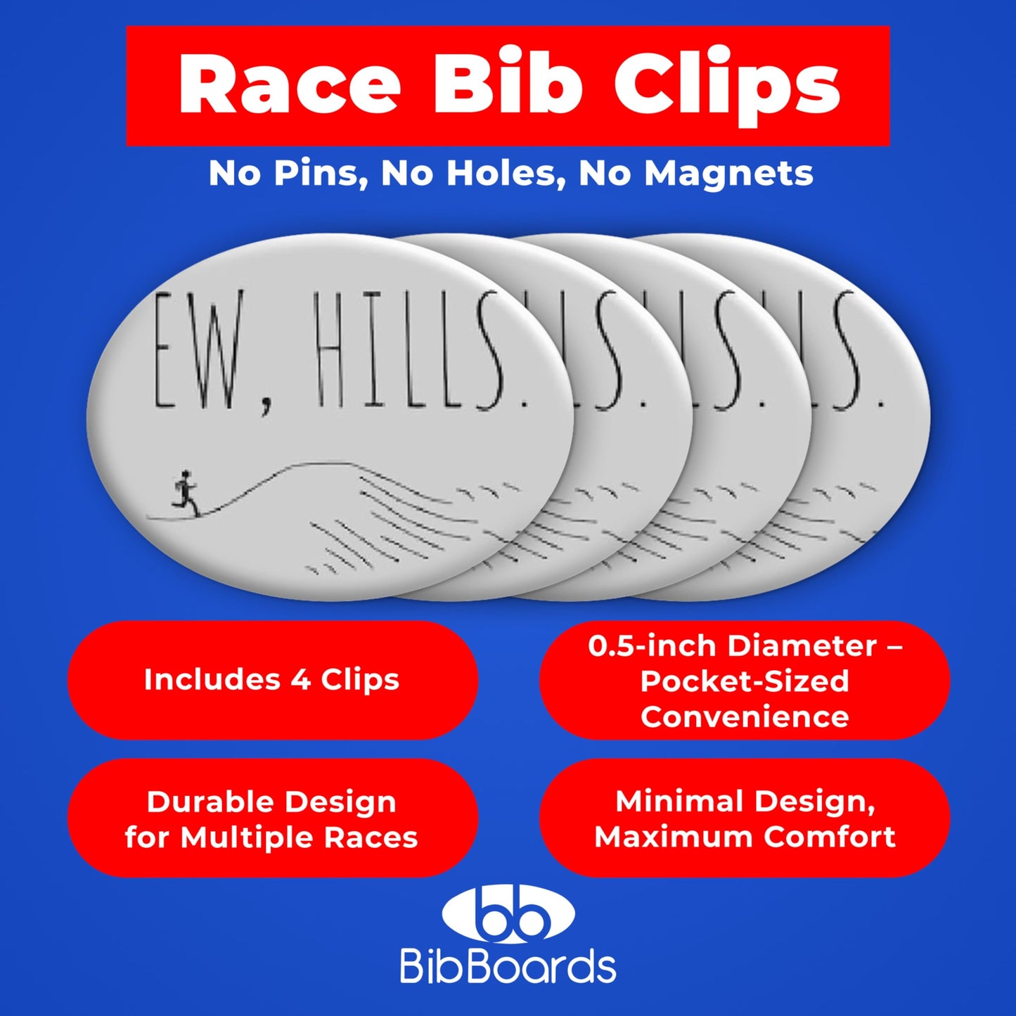 BibBoards bibSNAPS Race Bib Clips, Ew, Hills, 4 Pack