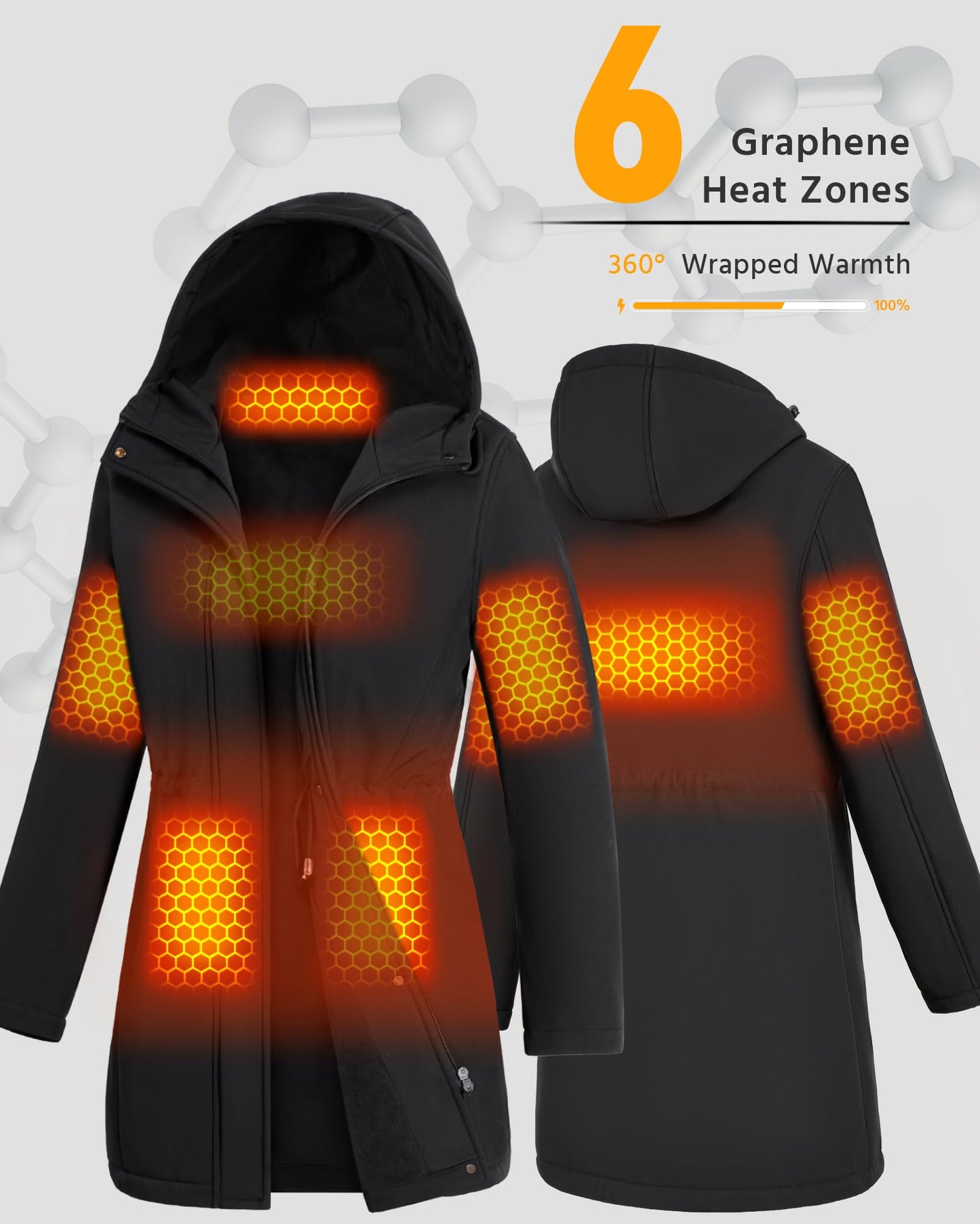Wulcea Women Heated Jacket Battery Pack Included Rechargeable 12v 7.4v Waterproof Fleece Coat Winter Warm Puffer Clothing Apparel Electric USB Self Soft Shell Thermal Vest Hood Long Rain Parkas