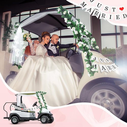 Janinka 5 Pcs Wedding Golf Cart Decorations 1 Just Married Sign Banner 2 Rose Garland 2 Gauze Draping Fabric for Golf Cart Car Decorations Accessories Wedding Party Anniversary Honeymoon Favor Gifts