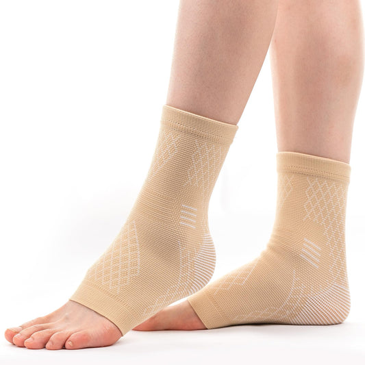 INDEEMAX 2 Pack Ankle Brace for Sprained Ankle, Arch Support Compression Sleeve Socks for Women & Men, Achilles Tendonitis Brace Wraps for Plantar Fasciitis, Foot Swelling Relief (Skin Color, Medium)