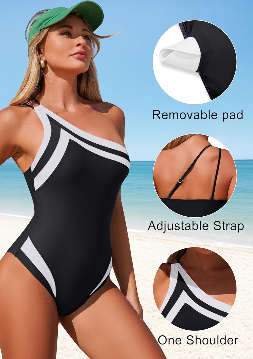 Skiennix Women's One-Piece Swimsuit - One Shoulder Tummy Control | Flattering Color Block Design