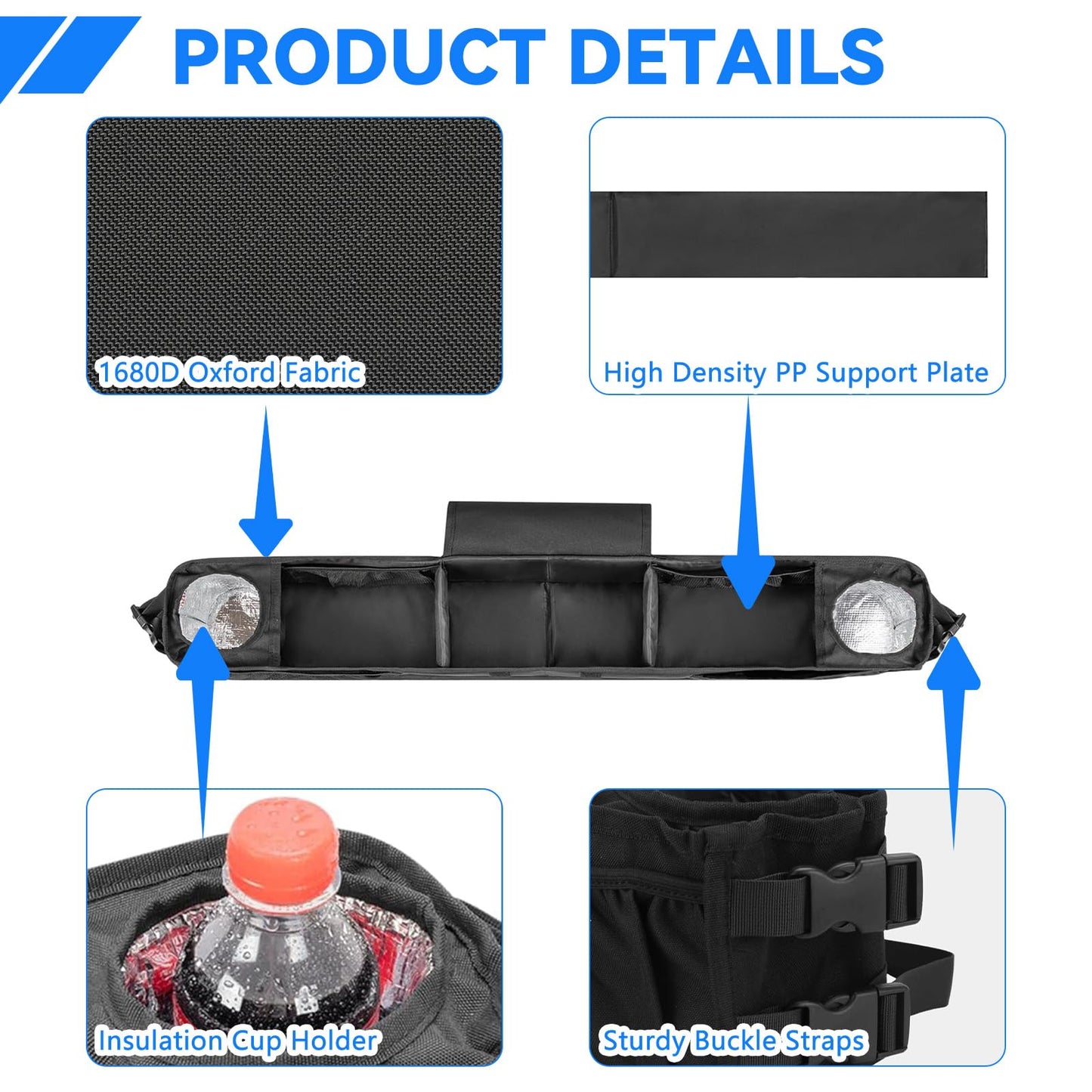 Daspom Golf Cart Storage Basket Inner Front, No-Drilling Golf Cart Organizer Bag with Insulated Cup Holders Compatible with EZGO, Club Car, Kandi Yamaha ICON