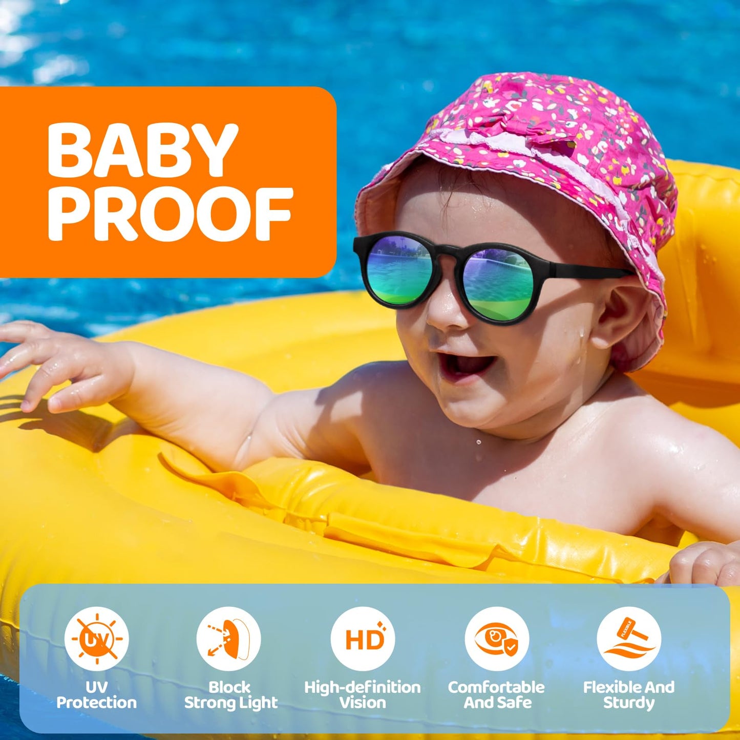 RIVBOS Baby Wrap Polarized UV400 Sunglasses Soft Frame with Secure Strap for Toddler,Infant and Newborn (0-18 Months) Black&Ice Green Lens RBK070