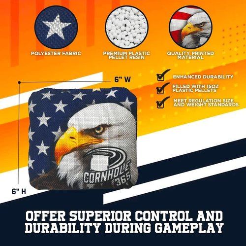 Cornhole365 Cornhole Bags - Heavy-Duty, All-Weather, Double-Stitched Fabric - American Eagle Design | Set of 8