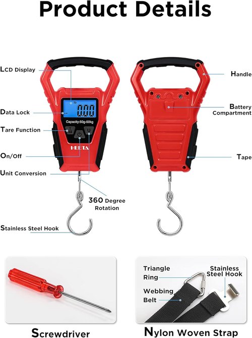 HEETA Waterproof Fish Scale - Digital Backlit LCD Display, 110lb Capacity | Portable Fishing Scale with Tape & Batteries