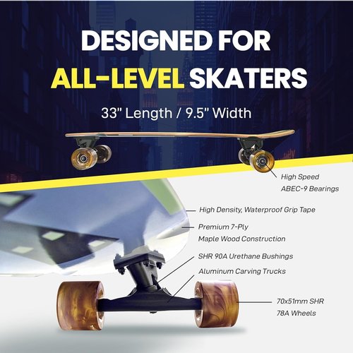 Abrazo 33x9.5 Pro Cruiser Skateboard for Kids Teens & Adults,Surfskate Board,7-Layer Canadian Maple Wood Double Kick Concave Deck,ABEC-9 Bearings,70mm Wheels,Aluminum Trucks