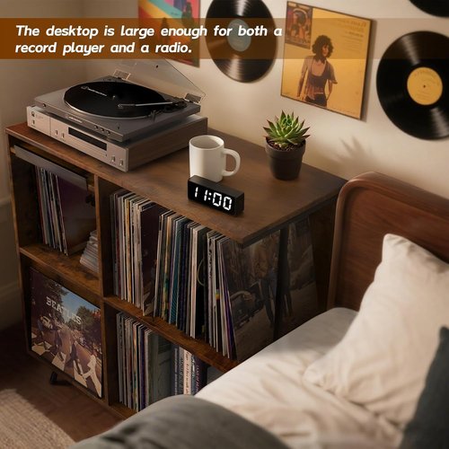 Faesun Vinyl Record Storage Stand - 3 Tier Flip Top Cabinet Holds 300+ Albums | Rustic Brown