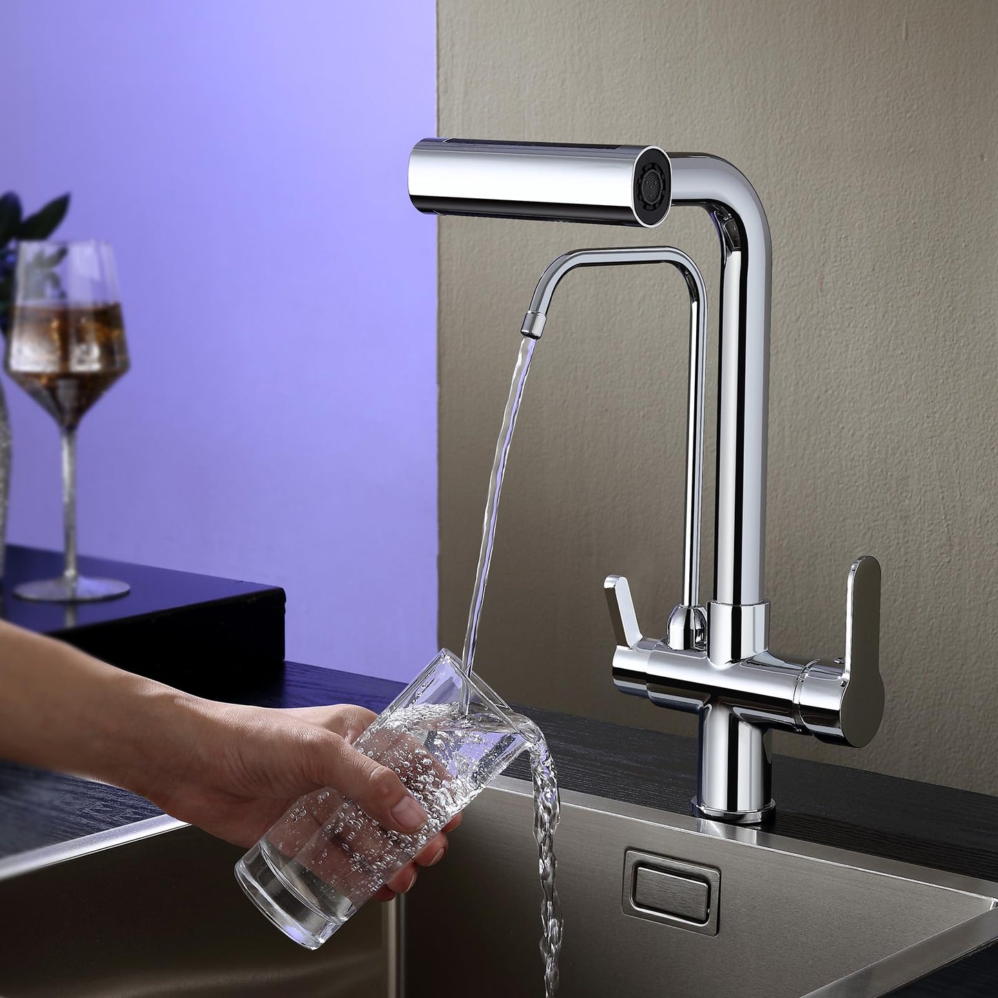 TSIBOMU Dual Handles Kitchen Sink Faucet with Drinking Water Faucet, 3 Way Pull Out Kitchen Faucet with 3-Function Sprayer for Water Filtration System, Chrome