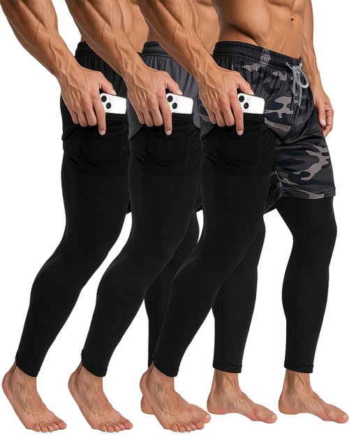Cutecrop 3 Pcs Men's 2 in 1 Athletic Running Pants Quick Dry Gym Workout Compression Pants with Pockets Towel Loop(Multicolor,L)